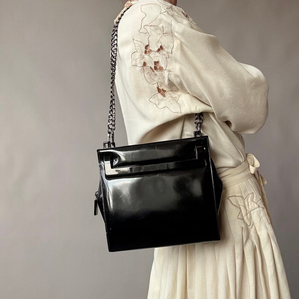 Vintage Gucci Tom Ford Era Black Patent Leather Chain Tote